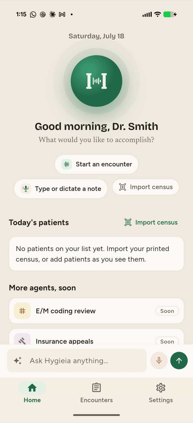 The Hygieia home screen — quick actions and today's patients