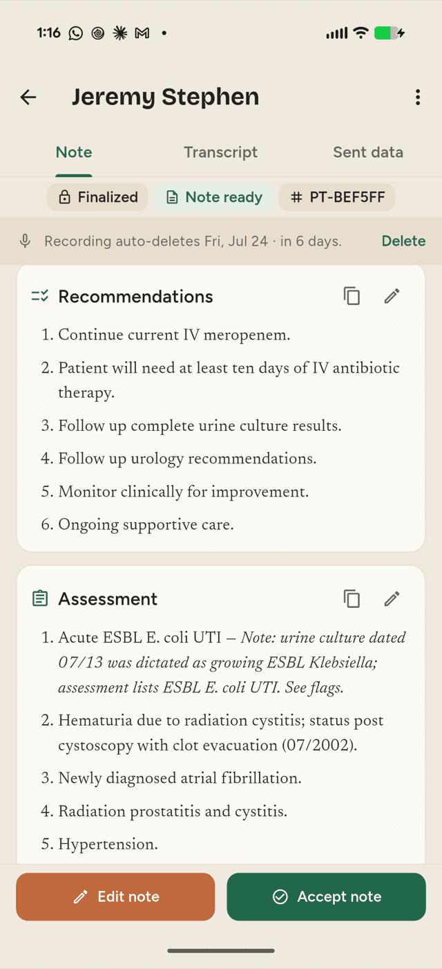 A generated Infectious Disease note with assessment and recommendations