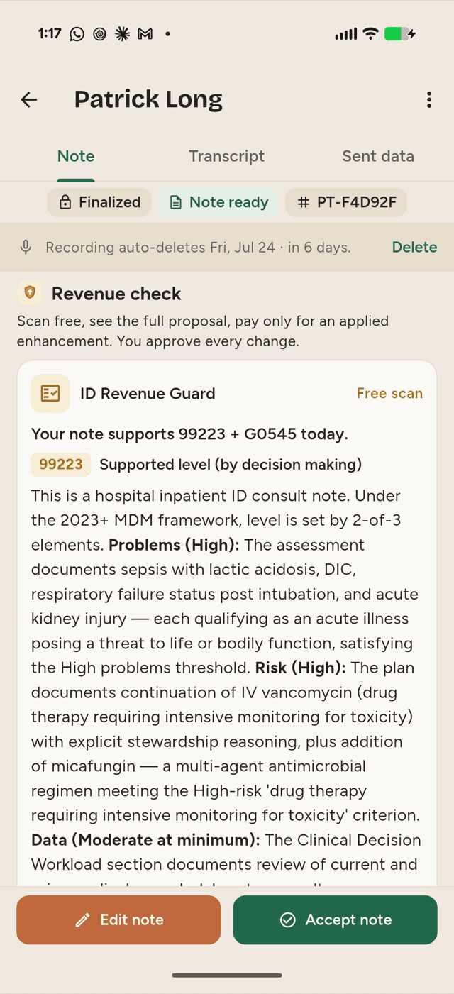 The ID Revenue Guard scan showing supported billing codes