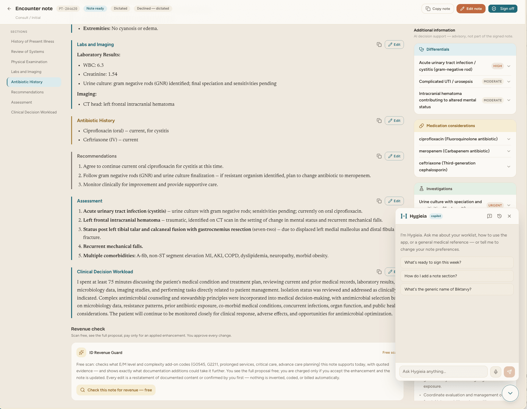 The Hygieia web note with the copilot open and the ID Revenue Guard scan below the note
